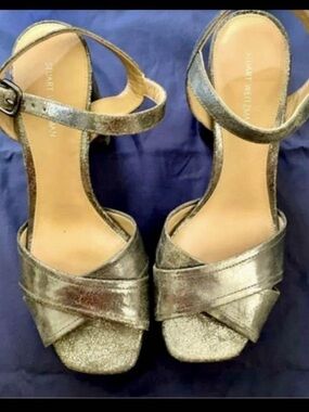 Stuart Weitzman Metallic Silver Cross-Strap Heels